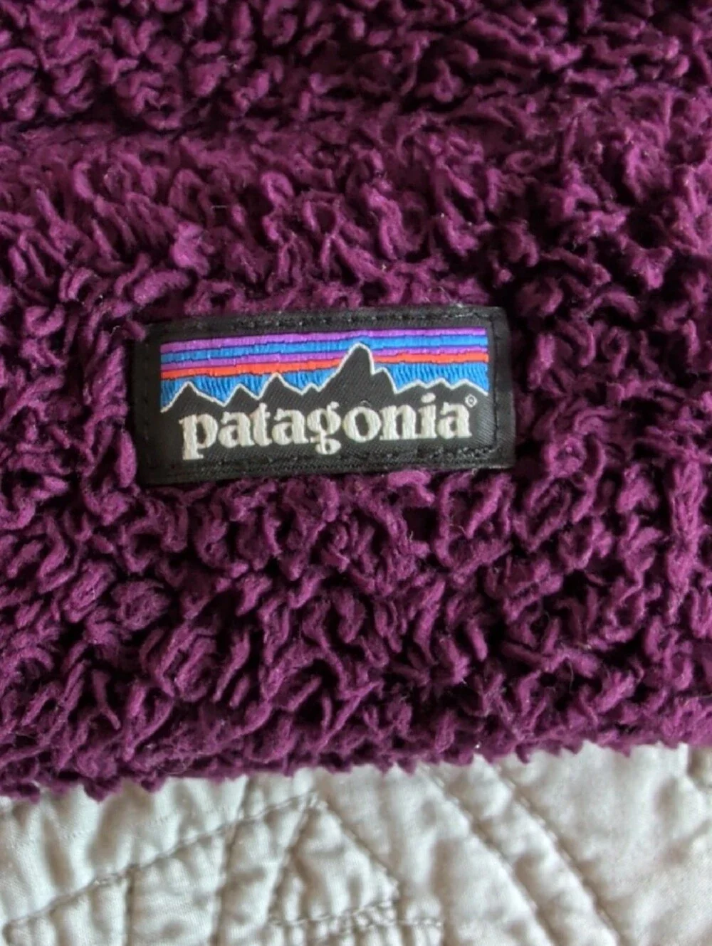 Patagonia Kids Plush Beanie in Deep Purple with Cream Ear Accents
